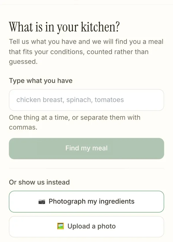 Scan-and-Cook's What is in your kitchen screen, with a box to type ingredients and buttons to photograph or upload a photo of them
