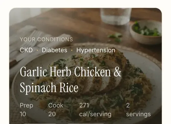 The written recipe card: Garlic Herb Chicken and Spinach Rice for CKD, diabetes and hypertension, 271 calories per serving, 2 servings, with a net carbs bar