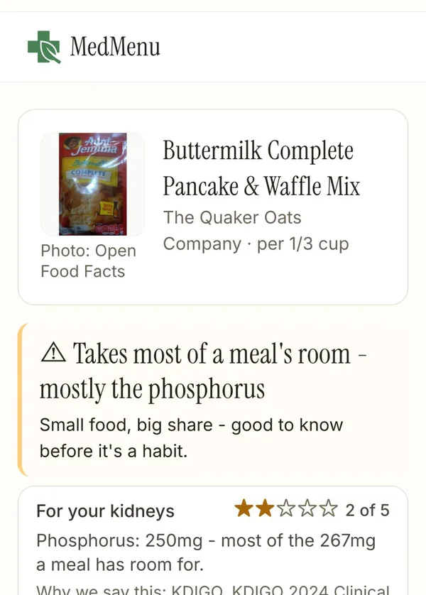MedMenu result for Buttermilk Complete Pancake and Waffle Mix: takes most of a meal's room, mostly the phosphorus; 2 of 5 for the kidneys with 250 mg phosphorus per 1/3 cup