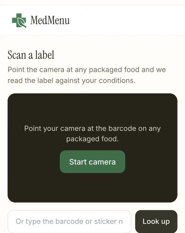 MedMenu's Scan a label screen with a Start camera button and a box to type the barcode or produce sticker number