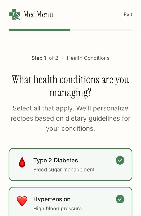 MedMenu sign-up: picking Type 2 Diabetes, Hypertension and Chronic Kidney Disease