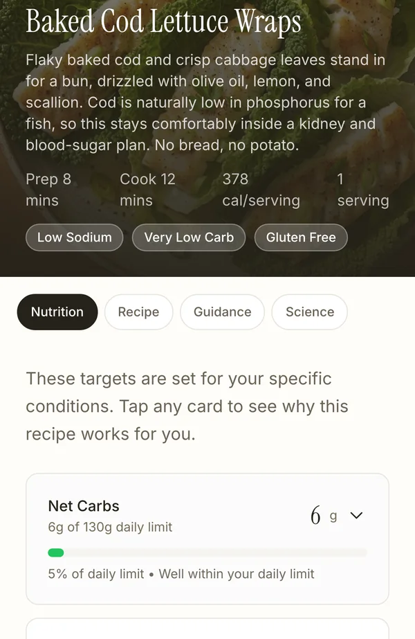 A MedMenu recipe card: Baked Cod Lettuce Wraps with net carbs and protein against daily limits for diabetes, hypertension and kidney disease