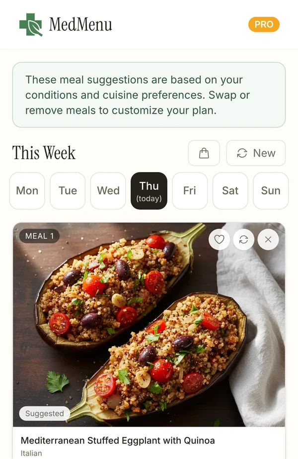 The MedMenu weekly plan with a meal for Thursday and swap buttons