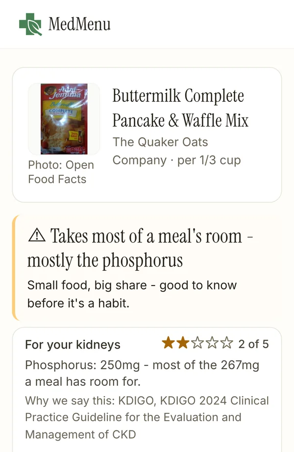 A scanned box of pancake mix on MedMenu: 2 of 5 stars for the kidneys because of phosphorus, with the KDIGO guideline it was checked against