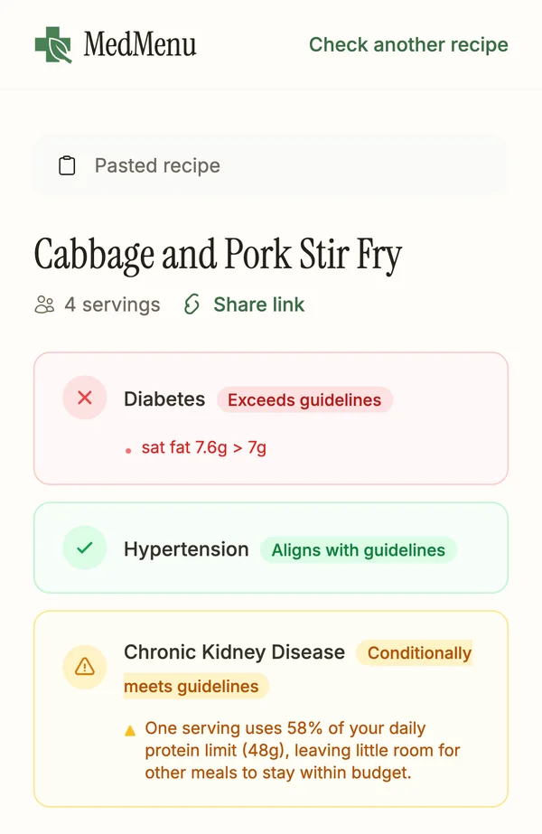 A pasted Cabbage and Pork Stir Fry checked on MedMenu: within guidelines for hypertension, over the saturated fat limit for diabetes
