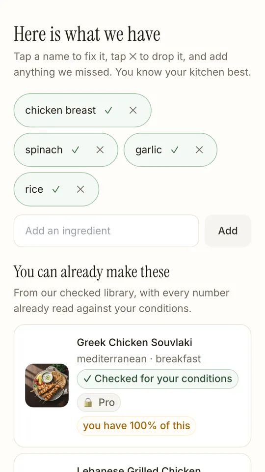 Scan-and-Cook on MedMenu: chicken breast, spinach and rice confirmed, with checked recipes the person can already make