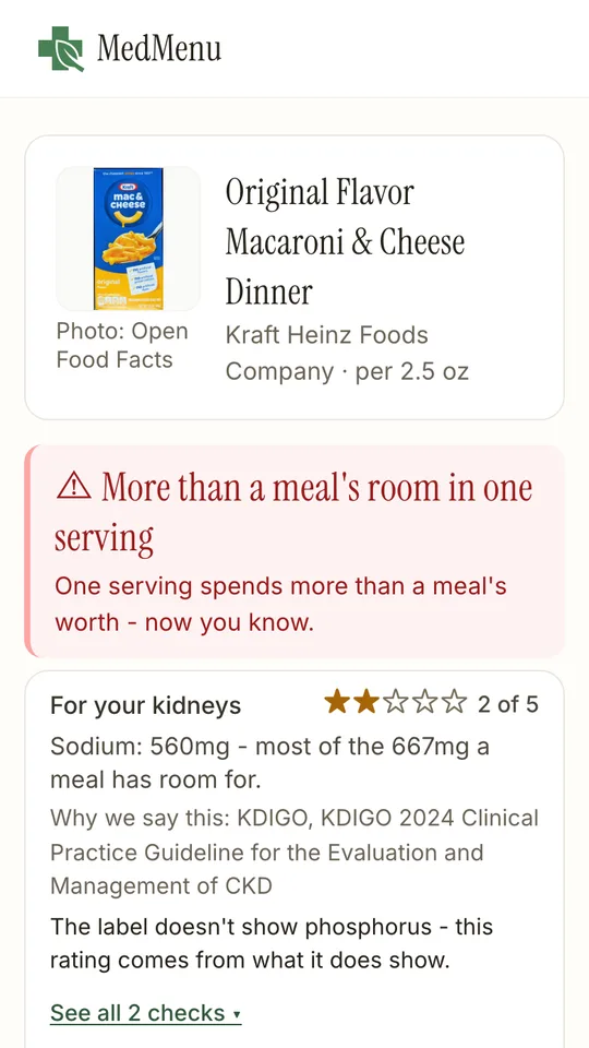 A scanned box of macaroni and cheese on MedMenu: 2 of 5 stars for the kidneys, with the sodium per serving and the KDIGO guideline it was checked against