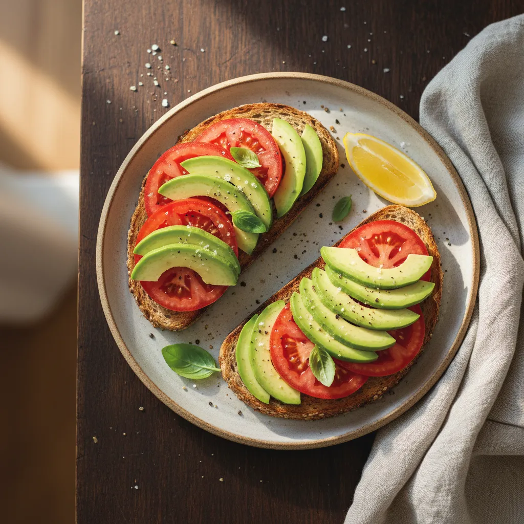 Avocado and Tomato Slices on Whole Grain Toast — 25.3g fiber per serving