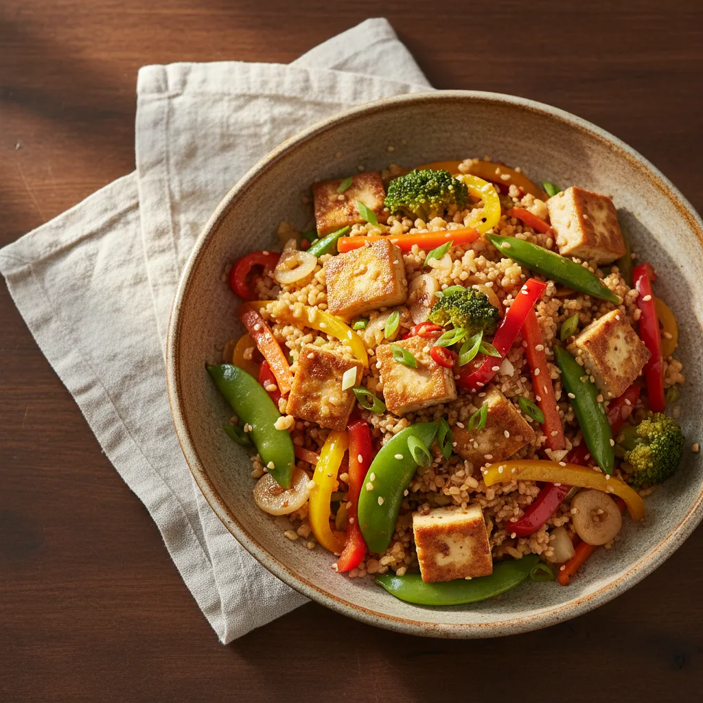 Tofu and vegetable cauliflower rice, a diabetes-friendly Chinese recipe