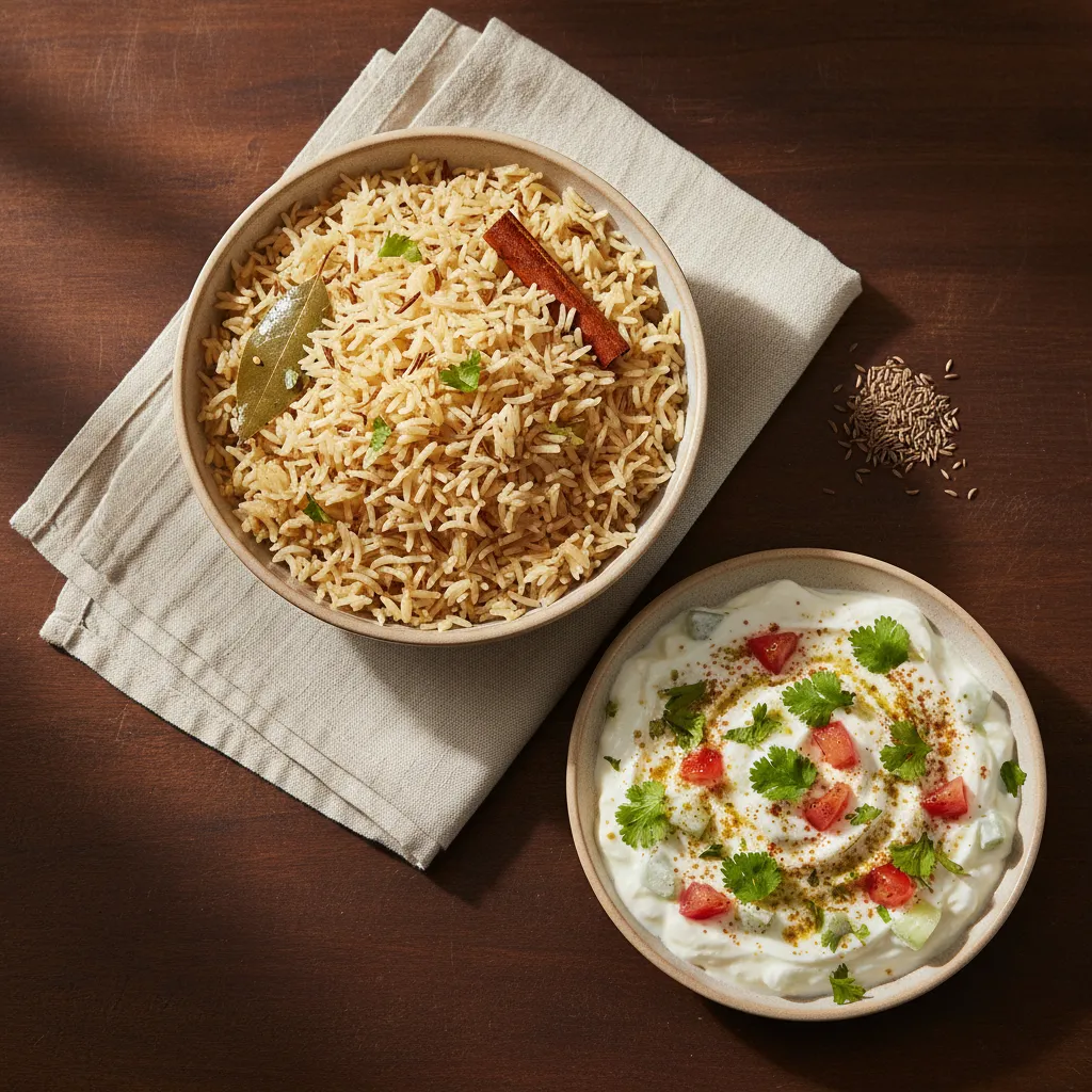 Cucumber Tomato Raita with Jeera Rice