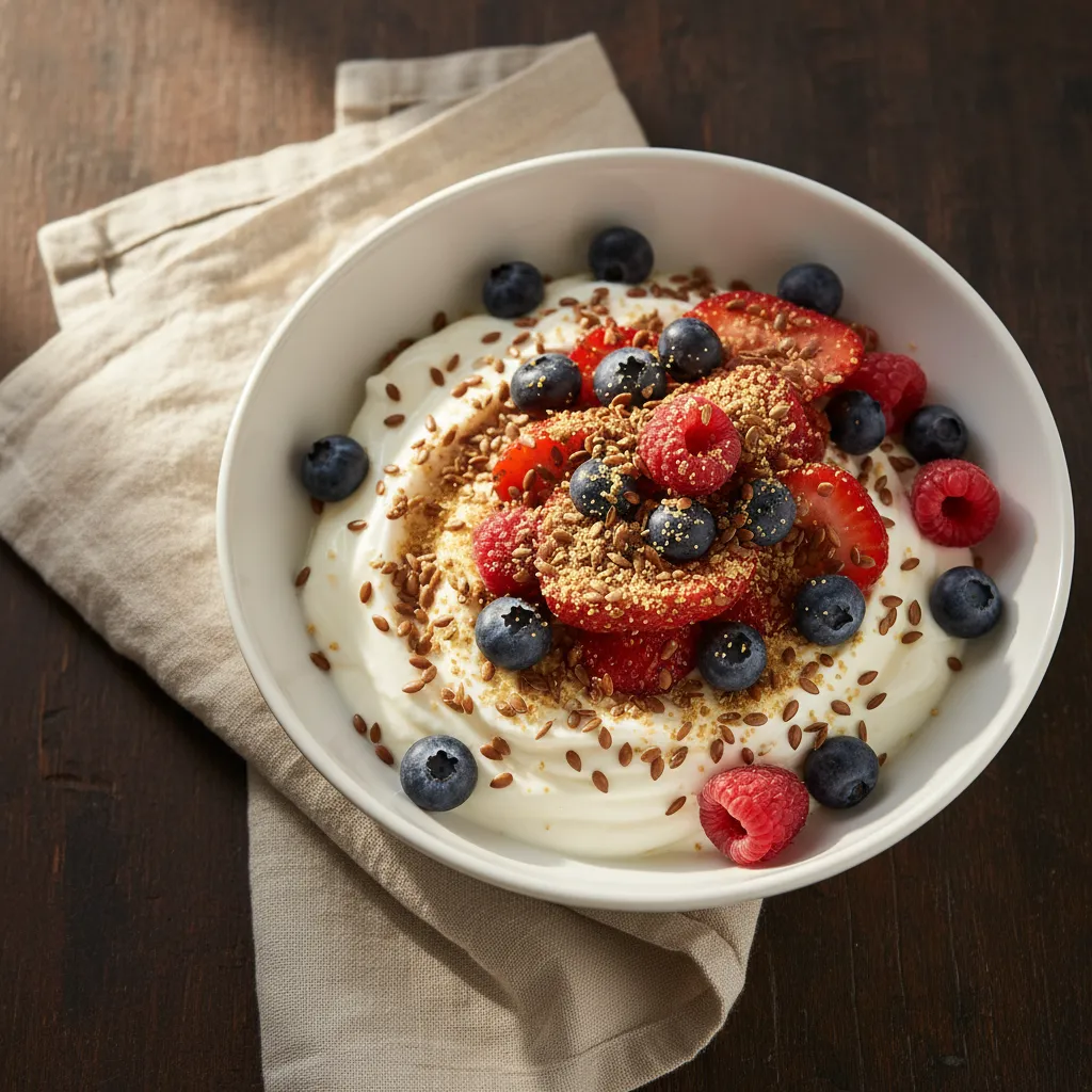 Greek yogurt with berries and flaxseeds, a diabetes-friendly recipe
