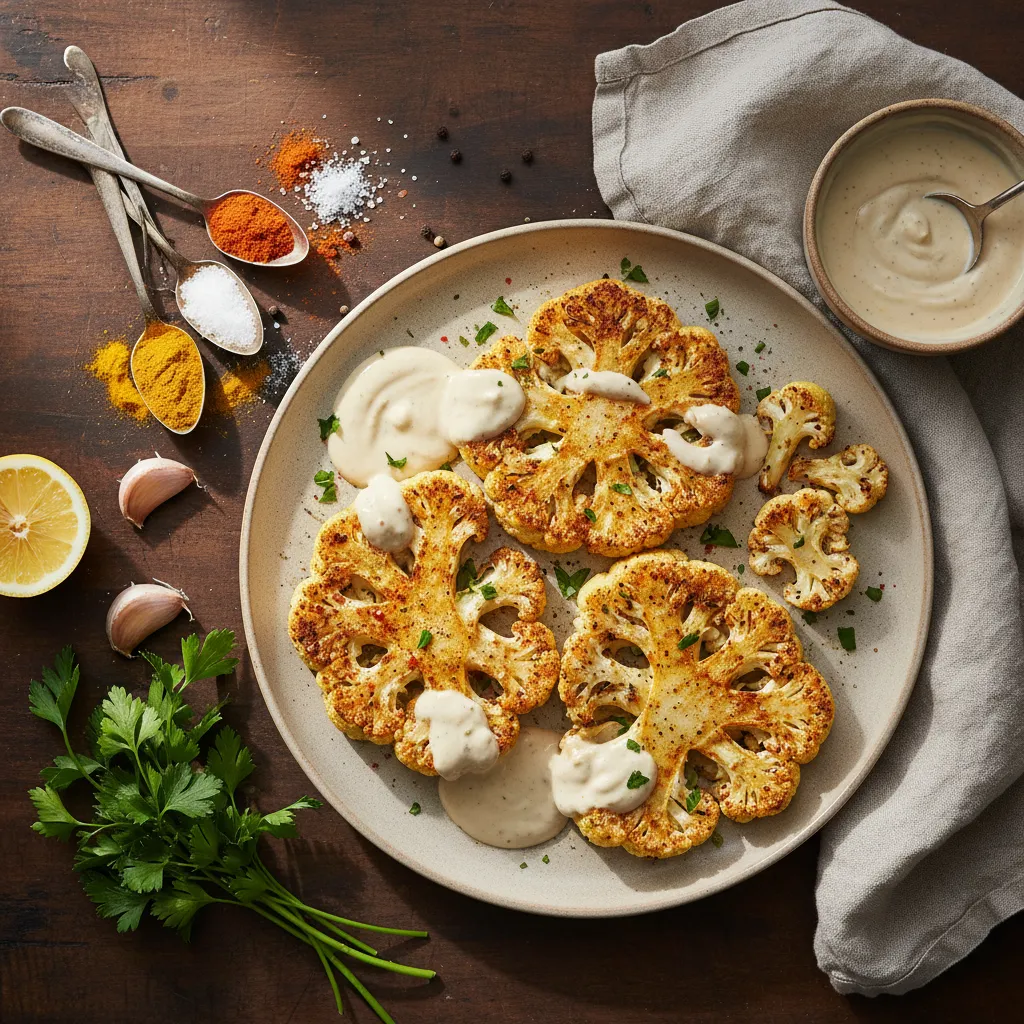 Mediterranean Roasted Cauliflower Steaks with Tahini Sauce