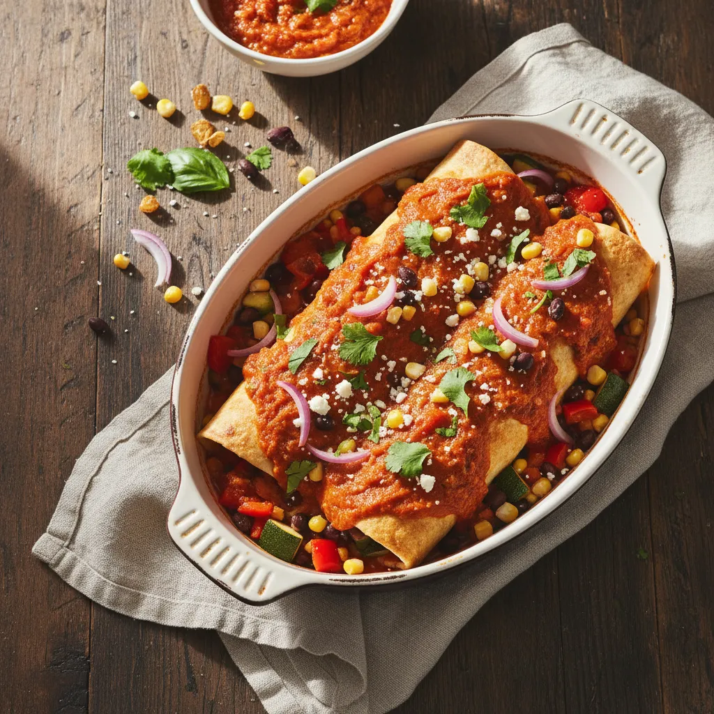 Vegetable enchiladas with fresh tomato sauce, a low-sodium dinner recipe