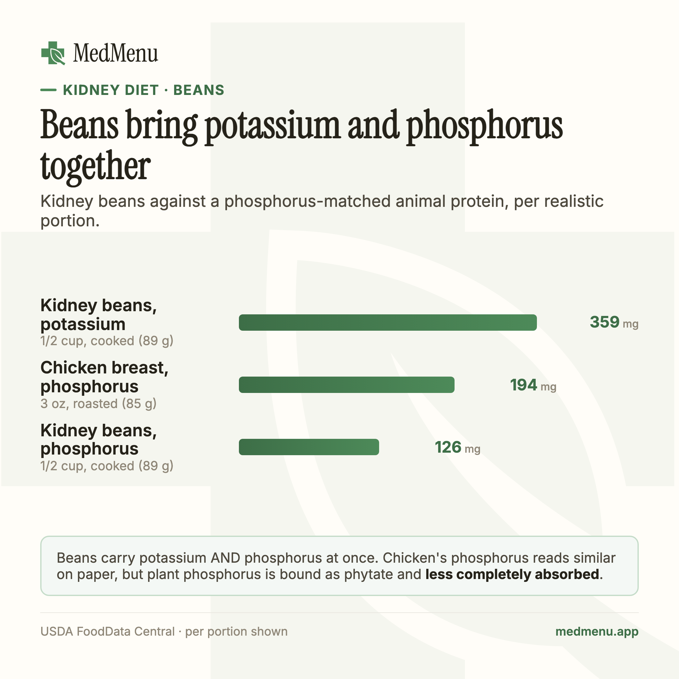 Infographic: Beans bring potassium and phosphorus together. Kidney beans potassium and phosphorus against a phosphorus-matched serving of chicken breast.