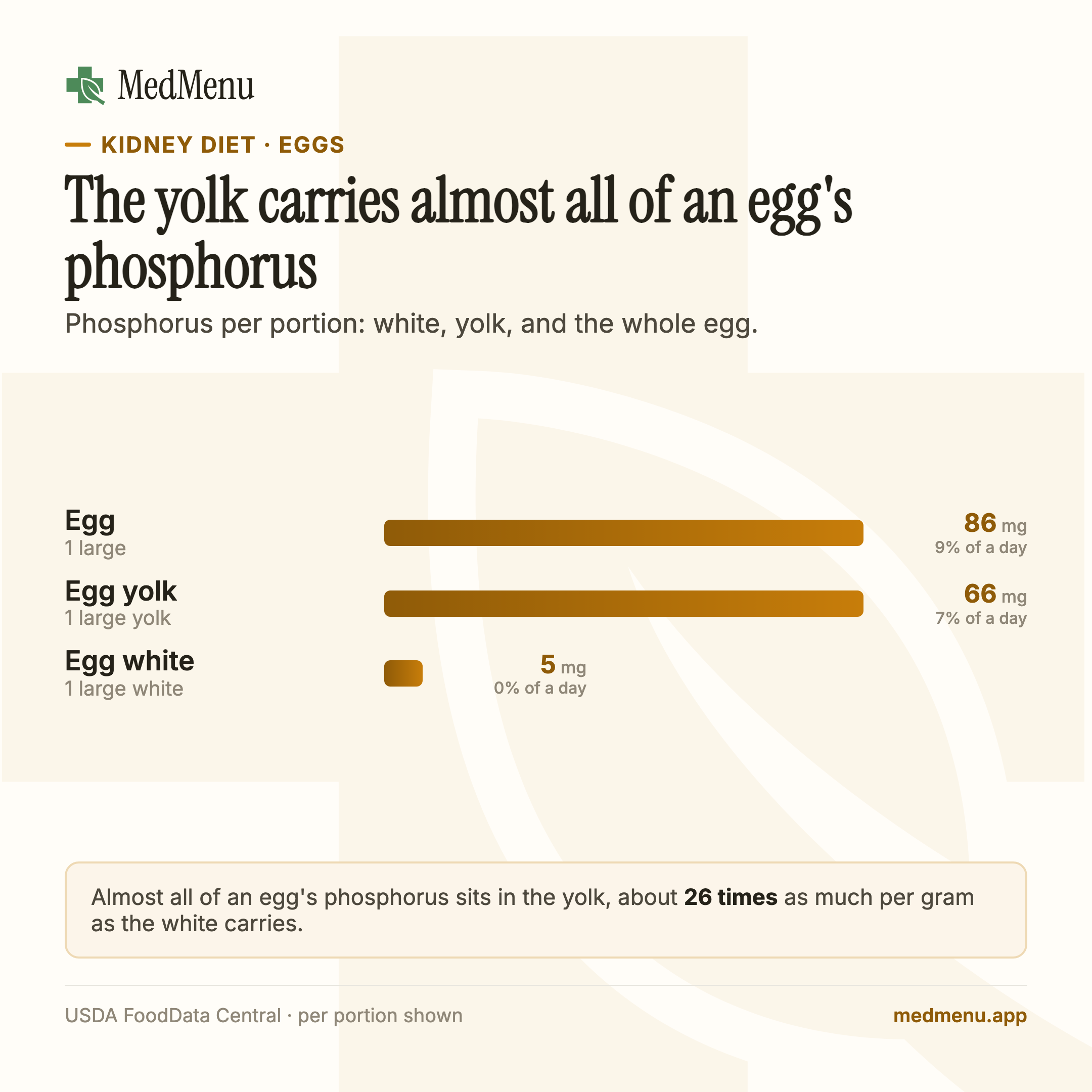Infographic: The yolk carries almost all of an egg's phosphorus. Phosphorus per portion for egg white, egg yolk, and a whole egg.
