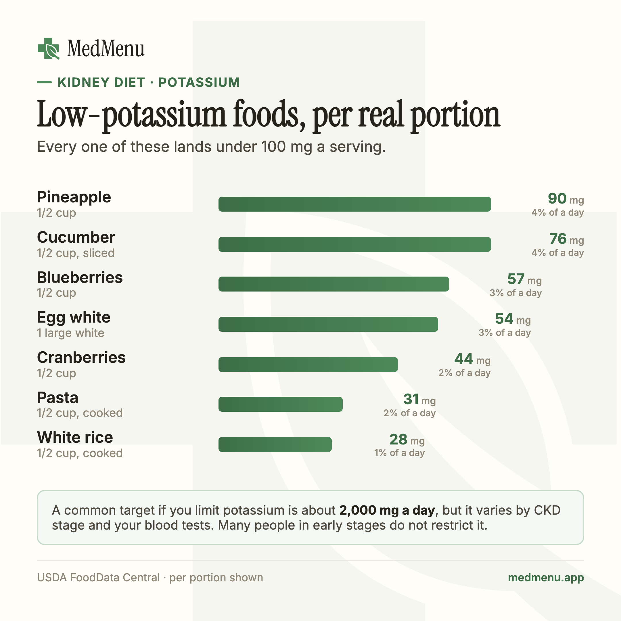 Infographic: Low-potassium foods, per real portion. Every one of these lands under 100 mg a serving.